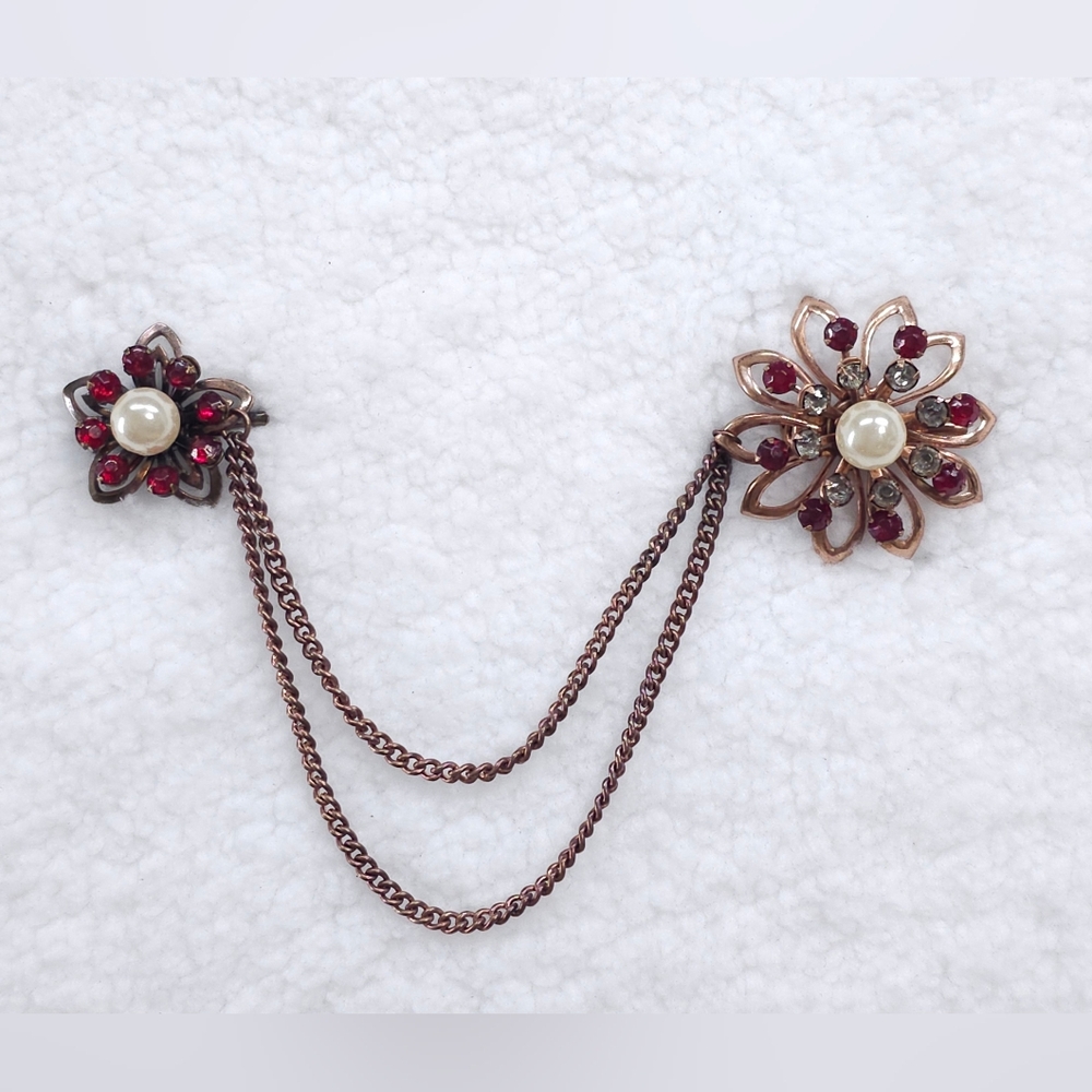 Vintage Double Brooch Ruby Red & Clear Rhinestone Floral Chatelaine Sweater Pins